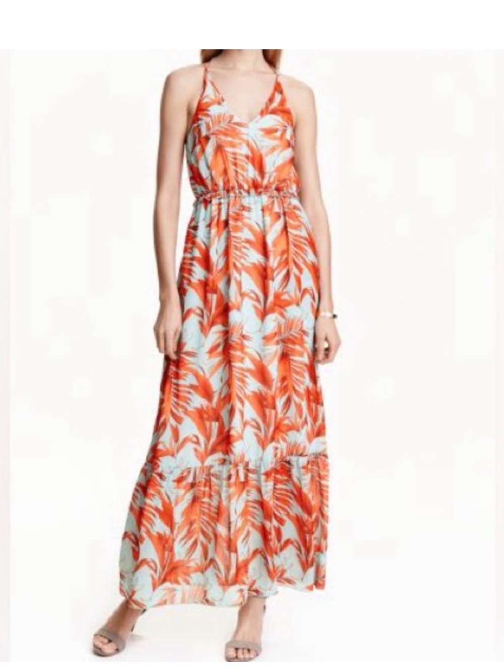 H&M Palm Leaf Tropical Maxi Dress Red Blue Size 6 Vacation Summer